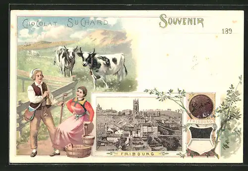 Lithographie Fribourg, Panorama, Reklame Chocolat Suchard, Milchbäuerin & Wappen