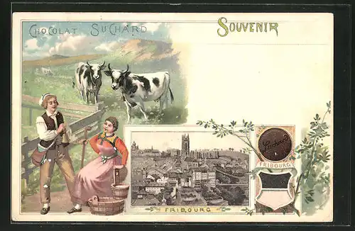 Lithographie Fribourg, Panorama, Reklame Chocolat Suchard, Milchbäuerin & Wappen