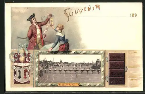 Lithographie Basel, Panorama, Chocolat Suchard Neuchatel Suisse, Wappen