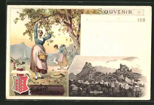 Lithographie Sion, Panorama, Reklame Suchard, Frauen pflücken Äpfel, Wappen