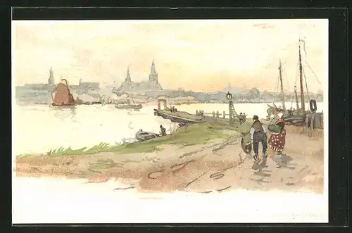 Künstler-AK Henri Cassiers: Nijmegen, Uferpartie am Hafen