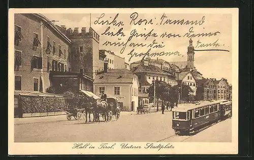 AK Hall i/Tirol, Unterer Stadtplatz, Kutsche und Strassenbahn, Montage