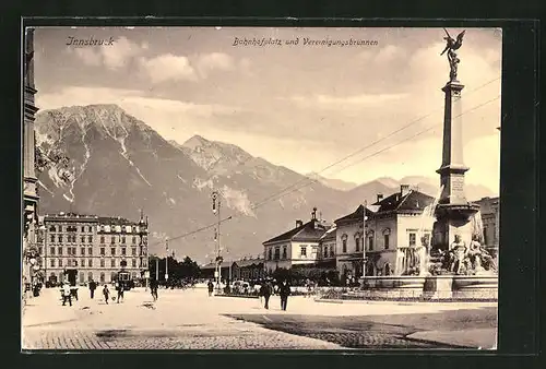 AK Innsbruck, Bahnhofplatz und Vereinigungsbrunnen