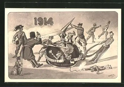 Künstler-AK Gantner: 1914, Zerstörung einer Pickelhaube, Propaganda Entente