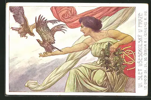 AK Praze, VI. Slet Vsesokolsky 1912, Frau mit kämpfenden Falken auf dem Arm, Sokol