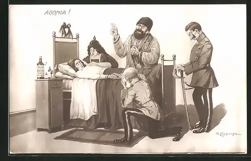Künstler-AK "Agonia", Kaiser Franz Josef I. von Österreich am Todesbett einer Frau, Propaganda Entente