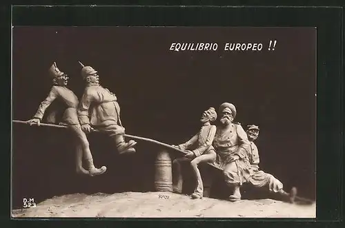 AK "Equilibrio Europeo!!", Entente Bündnispartner mit Nikolaus II. von Russland wiegen mehr als der Zweibund, Karikatur