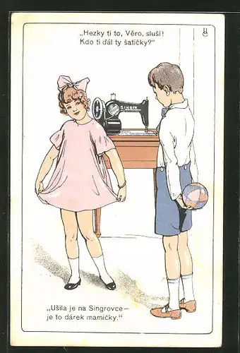 AK Mädchen in einem Kleid, genäht mit einer Singer Nähmaschine