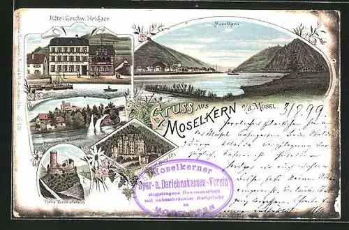 Lithographie Moselkern, Hotel Geschw. Heidger, Ruine Pyrmont