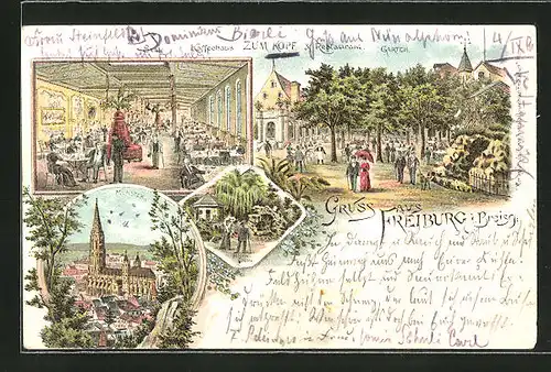 Lithographie Freiburg im Breisgau, Gasthaus Zum Kopf mit Saal und Garten, Blick auf Münster und Felsengrotte