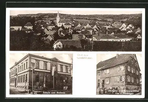 AK Landshausen, Ortsansicht mit Kirche, Bäckerei u. Kolonialwaren von F. Neidinger, Schule und Rathaus