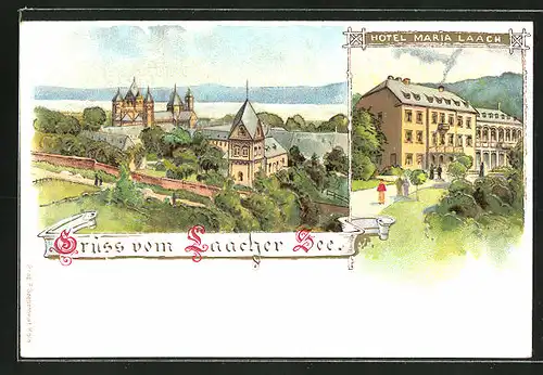 Lithographie Glees, Laacher See und Kloster, Hotel Maria Laach