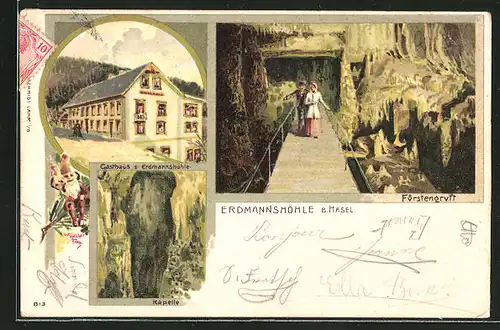 Lithographie Hasel, Gasthaus zur Erdmannshöhle, Fürstengruft in der Erdmannshöhle