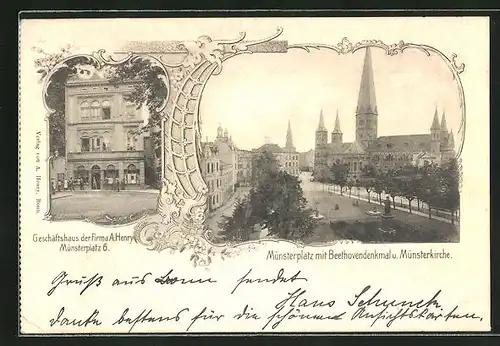 AK Bonn, Geschäftshaus d. Firma A. Henry, Strasse am Münsterplatz 6, Münsterplatz m. Beethovendenkmal