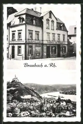 AK Braubach a. Rh., Gasthaus zur Marksburg i. d. Unteralleestrasse 26, Ortsansicht mit der Marksburg