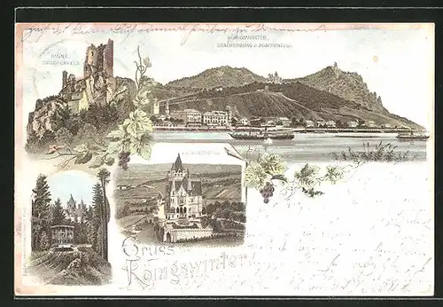 Lithographie Königswinter, Drachenburg & Drachenfels, Ruine Drachenfels, Drachenburg, Zahnradbahn