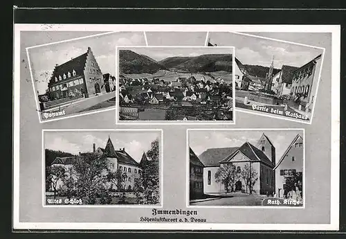 AK Immendingen / Donau, altes Schloss, Postamt, Rathaus und kath. Kirche