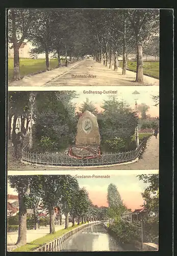 AK Bretten, Bahnhofs-Allee, Grossherzog-Denkmal, Seedamm-Promenade