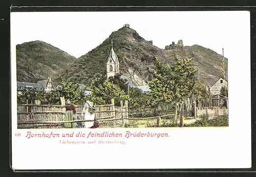 AK Bornhofen, Ortsansicht mit den feindlichen Brüderburgen Liebenstein & Sterrenberg