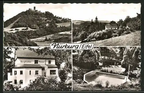 AK Nürburg / Eifel, Hotel-Pension Bergfrieden, Ortspanorama