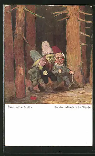 Künstler-AK Paul Lothar Müller: die drei Männlein im Walde, Zwerge bei einem Spaziergang