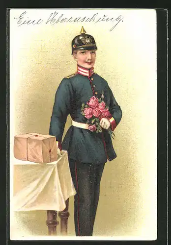 Präge-AK Soldat mit Pickelhaube & Blumen in Uniform