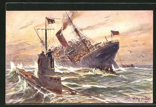 Künstler-AK Willy Stoewer: Vernichtung eines engl. Handelsdampfers durch ein deutsches U-Boot