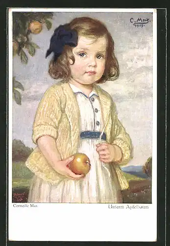 Künstler-AK Corneille Max: Unterm Apfelbaum, kleines Mädchen mit einem Apfel