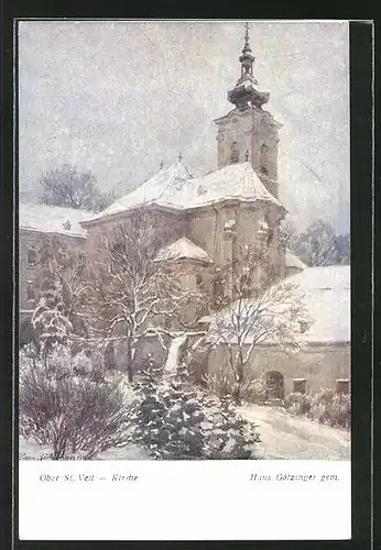 Künstler-AK Hans Götzinger: Ober St. Veit, Winterpartie an der Kirche