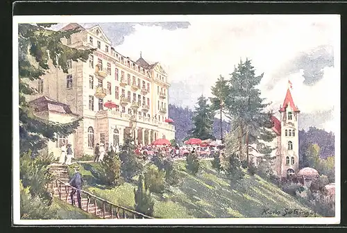Künstler-AK Hans Götzinger: Marienbad, Hotel Esplanade und Villa Waldidylle