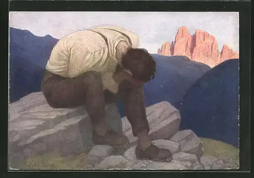 Künstler-AK Thomas Walch: "Geknechtet", Mann sitzt weinend auf einem Felsen