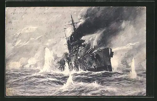 Künstler-AK Willy Stoewer: Seegefecht 1915: Vernichtung eines englischen Schlachtkreuzers