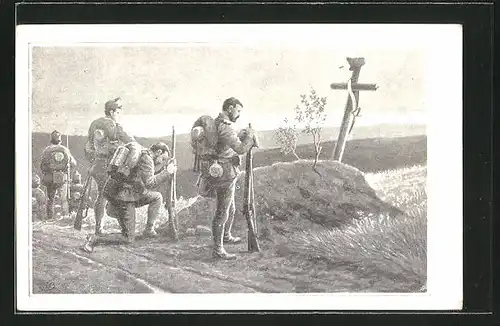AK Österreichische Soldaten beten am einsamen Kriegsgrab am Strassenrand