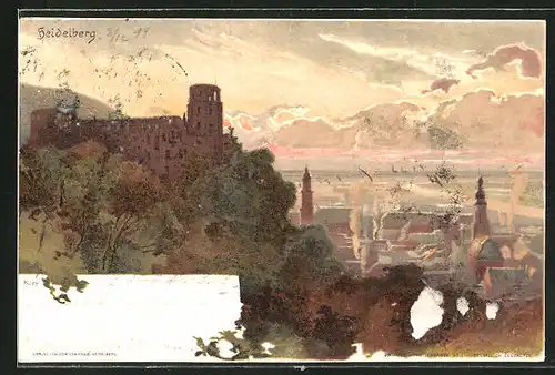 Künstler-AK Heinrich Kley: Heidelberg, Panorama bei Dämmerung