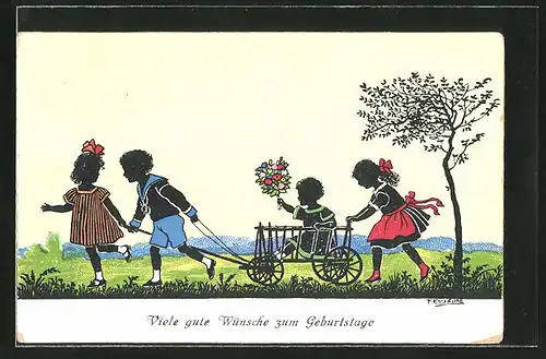 Künstler-AK Friedrich Kaskeline: Kinder mit Bollerwagen und Blumenstrauss, Schattenbild