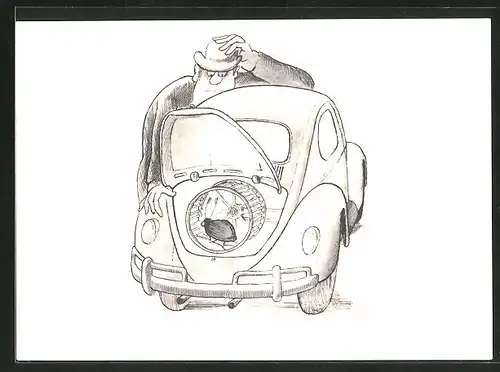 AK Mann betrachtet seinen Käfer-Motor, Auto