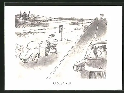 AK Schätze, 'n Ami!, Mann steht mit seinem Auto auf einem Parkplatz an der Autobahn