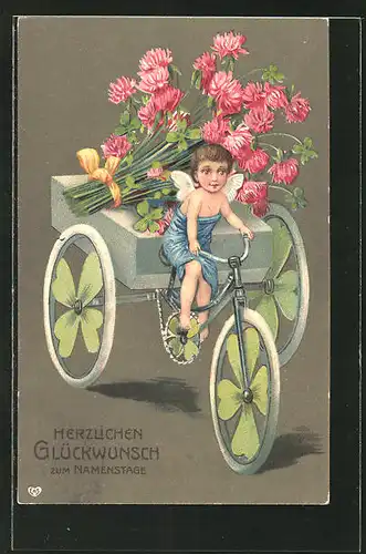 AK Kleiner Engel bringt Blumen mit einem Fahrrad