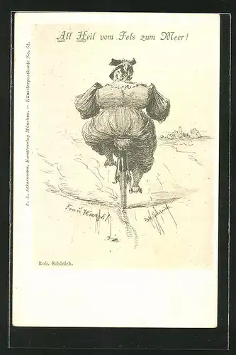 AK Dicke Frau auf einem Fahrrad