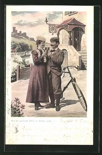 AK Mann und Frau mit Fahrrad vor einer Weinstube