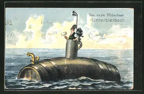 AK Trinkerhumor, U-Boot in Form eines Bierfasses mit Mann im Ausguck