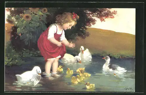 Künstler-AK Marie Flatscher (M.FL.): Kind füttert Enten am See