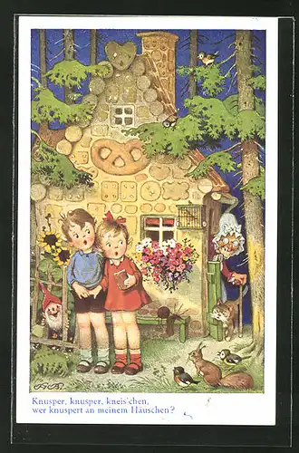 Künstler-AK Fritz Baumgarten: "Knusper, knusper, kneis'chen...", Hänsel und Gretel am Hexenhaus