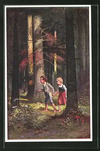 Künstler-AK August Splitgerber: Hänsel und Gretel im dunklen Wald