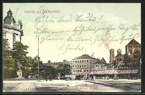AK München, Maximiliansplatz mit Synagoge und Blick zu den Frauentürmen