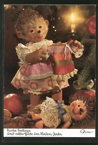 AK Mecki-Mädchen mit Puppe und Puppensachen zu Weihnachten