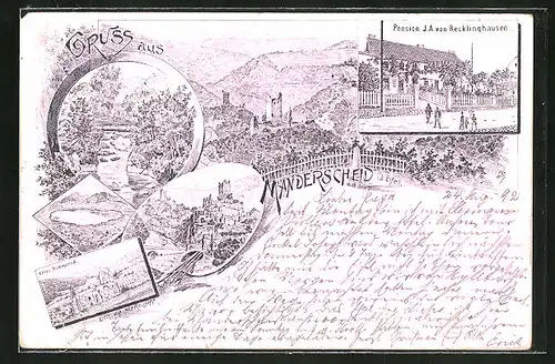 Vorläufer-Lithographie Manderscheid i. d. Eifel, 1892, Pension J. A. von Recklinghausen, Abtei Himmerod, Ortspartieen