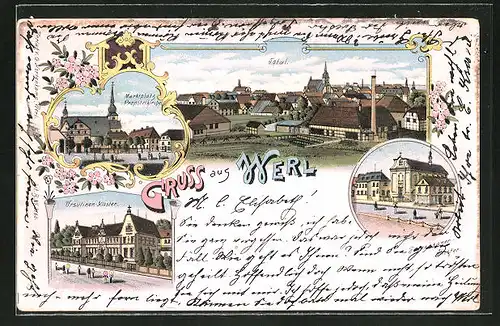 Lithographie Werl, Marktplatz, Propsteikirche, Ursulinen Kloster, Franziskaner-Kloster, Totalansicht
