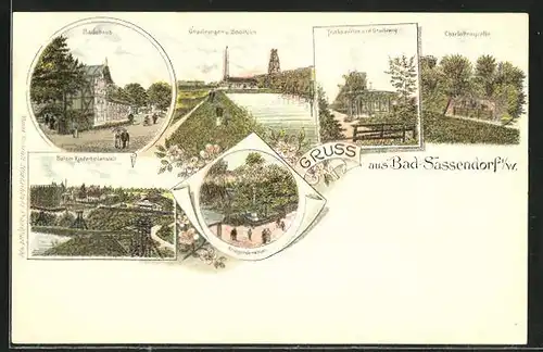 Lithographie Bad Sassendorf i. W., Badehaus, Gradirungen & Soolteich, Trinkpavillon & Gradirung, Kinderheilanstalt