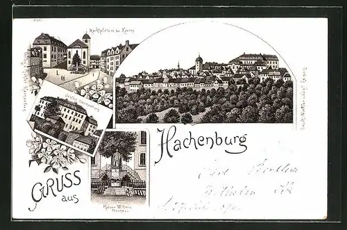 Lithographie Hachenburg, Marktplatz m. ev. Kirche, Schloss Hachenburg, Kaiser Wilhelm Denkmal, Totalansicht